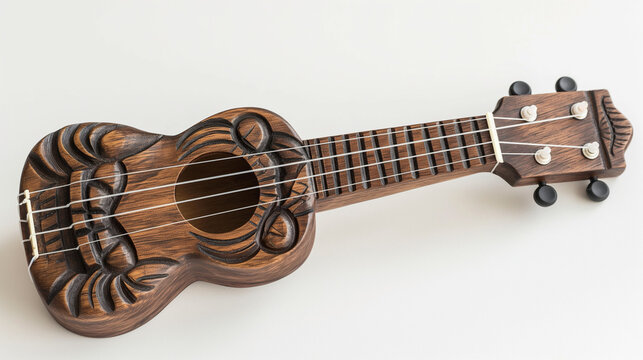 Intricately carved wooden musical instrument on a white background.