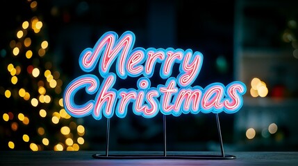 Merry Christmas neon sign, festive decorations in the background