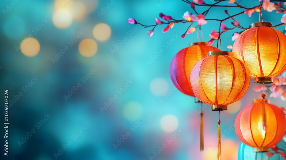 Poster colorful lanterns hanging on a branch with a soft bokeh background.