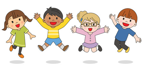Group of boys and girls kids children friends jumping happily excited good news simple drawing illustration decorative 