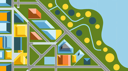 Abstract City Illustration with Geometric Shapes and Grid Layout with Water and Light Blue Sky Background