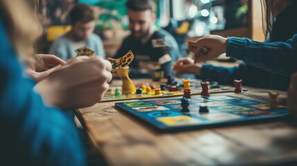 A cozy board game caf茅 with tabletop games and refreshments, Board games set up on caf茅 tables, Casual caf茅 style