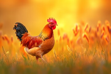 Fototapeta premium Colorful rooster standing in a vibrant field at sunrise.