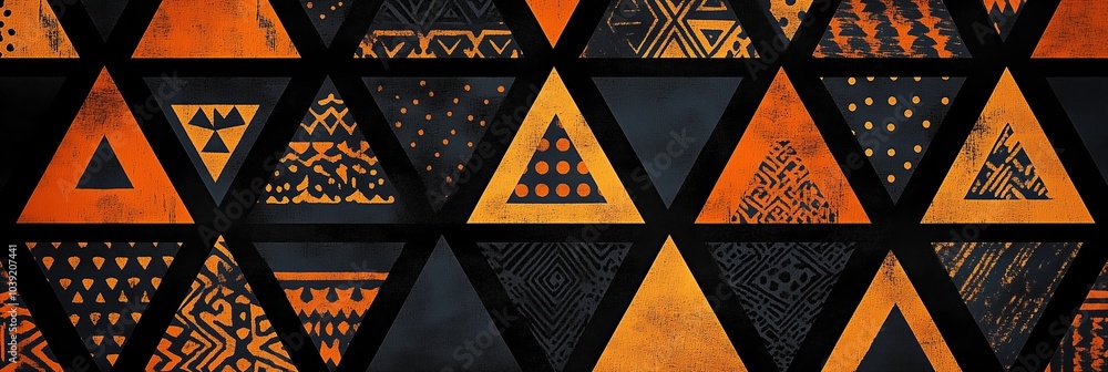 Poster Dark orange and black background with triangular patterns, creating an abstract design that resembles the pattern of African fabric