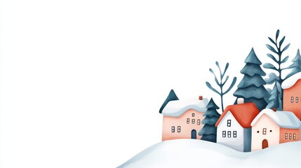 Colorful winter houses with snow-covered trees on a white background.