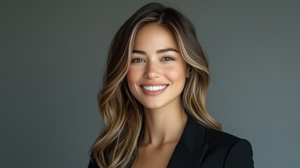 Naklejka premium headshot of beautiful woman in business suit, smiling, light brown hair with highlights