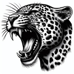 roaring growling leopard tattoo, capturing its fierce expression and sharp fangs in a retro art style sketch engraving.