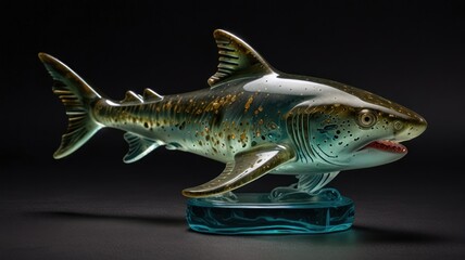 A detailed glass sculpture of a shark with a blue glass base.
