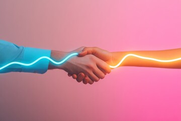 Hands shaking with vibrant neon lines, symbolizing partnership and connection.