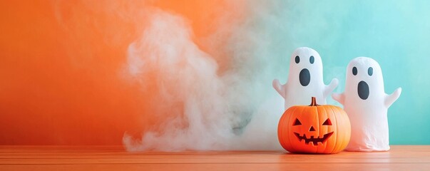 Playful Halloween scene with ghosts and a carved pumpkin.