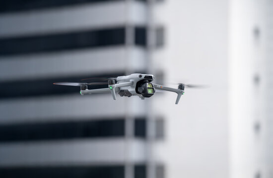 DJI Air 3S drone with dual cameras hovering in the air. Photo taken October 20, 2024 in Kuala Lumpur.
