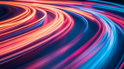Abstract blue, pink, and orange light trails forming a curved pattern on a dark background.
