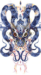 A snake head tattoo featuring an ancient Asian symbols and gothic design elements, in a vintage tattoo-style illustration on white background.