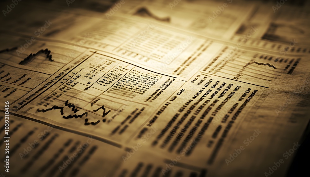 Poster a close-up of newsprint featuring various charts and data reports, illuminated with soft lighting, c