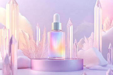 A bottle of serum skin care product, placed in front of an iridescent crystal podium, surrounded by soft pastel colors and a light purple background