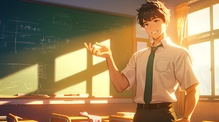 Handsome teacher anime character is teaching in front of the class