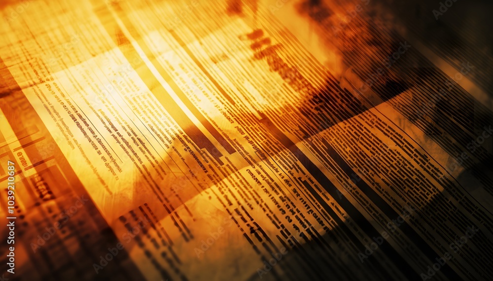 Poster an abstract image features layered documents illuminated by warm hues, suggesting a blend of informa