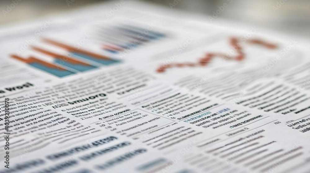 Poster A close-up view of a financial report featuring graphs, charts, and data analysis, highlighting trends and statistics.