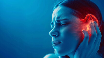 Healthcare checkup for woman with earache and hearing problems, addressing medical symptoms of Pharyngitis, Eustachian Tube Dysfunction, and other ear-related diseases