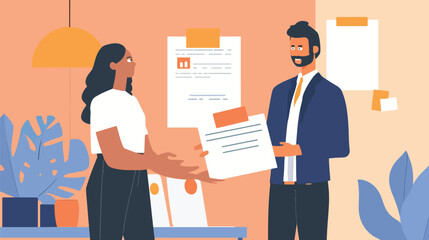 Fototapeta premium A manager handing a performance review document to an employee, with both showing mutual respect, illustrating accountability in workplace evaluations, Accountability