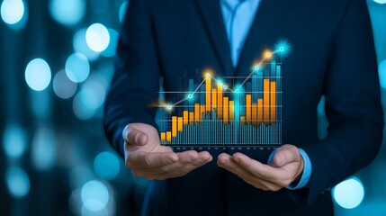 Businessman displaying growth chart with blue background.