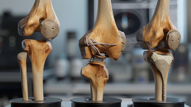 Model of knee joint showing multiple stages of knee osteoarthritis(OA knee) and total knee replacement(TKR). Blurred skeletal model and examination room background.
