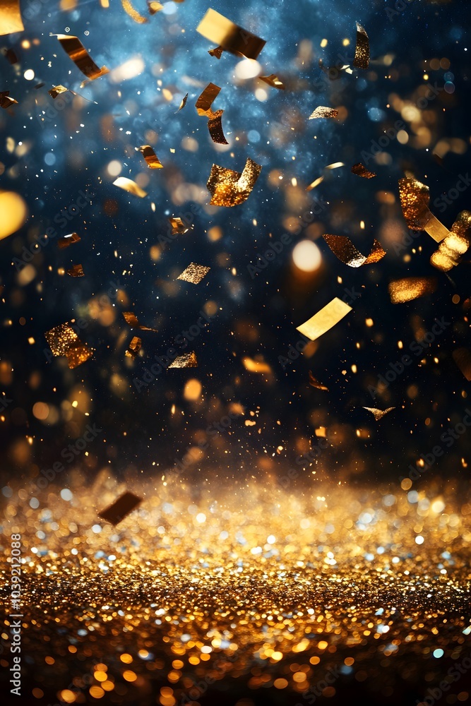 Poster a vibrant scene with golden confetti falling against a dark backdrop, creating a festive and celebra