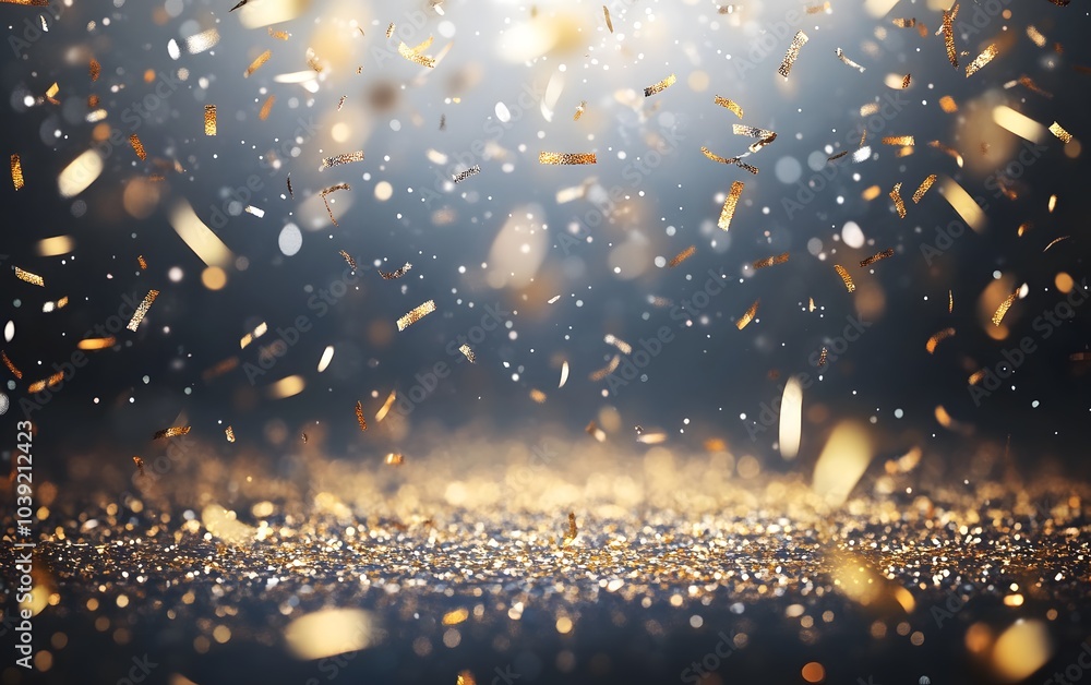 Leinwandbilder A shimmering background filled with golden particles floating in the air, creating a magical and festive atmosphere.