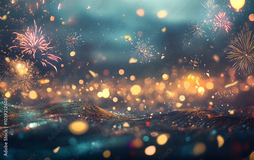 Poster a vibrant scene showcasing fireworks bursting in the night sky, surrounded by shimmering lights and 