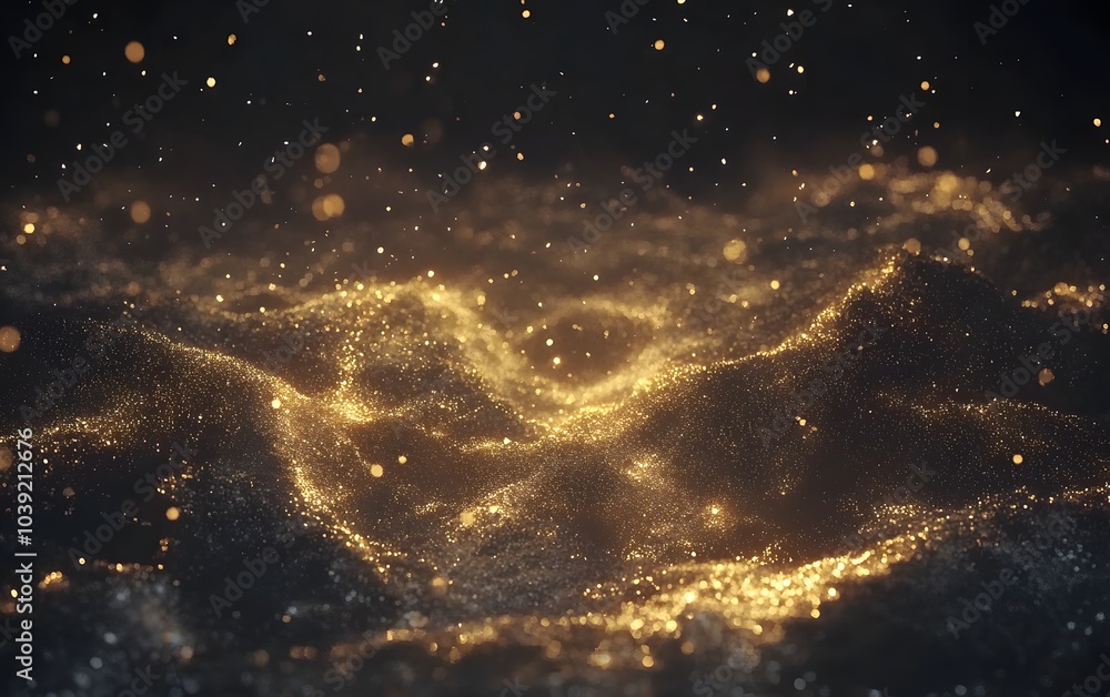 Aufkleber a shimmering golden wave-like pattern glows against a dark background, resembling ethereal light in 