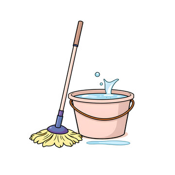 A mop and bucket are shown with water in the bucket