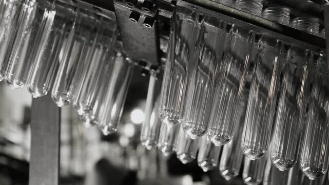 PET preforms on industrial production line before blow molding process.