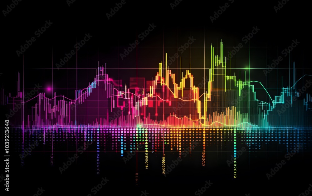 Poster a vibrant and colorful digital waveform illustrating varying sound frequencies against a dark backgr