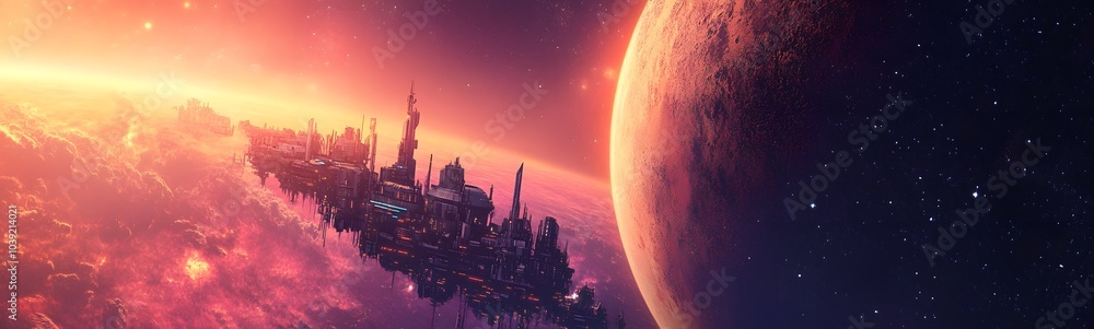 Poster a futuristic space scene featuring a vibrant planet and a massive, intricate space station glowing i