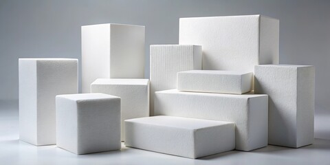 A geometric composition of textured white cubes arranged in a staggered formation on a minimalist background.