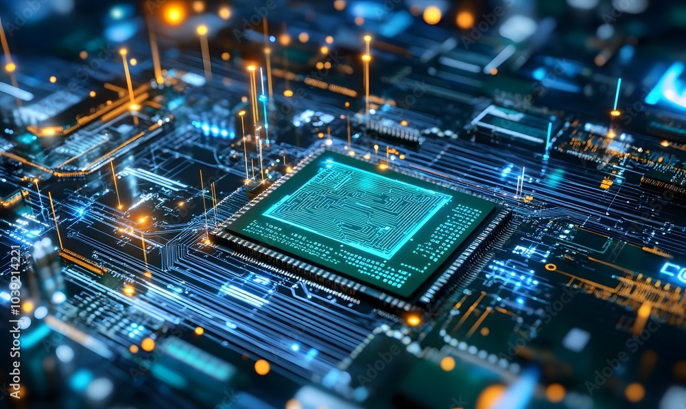 Poster a vibrant close-up of a microchip on a circuit board, illuminated with glowing lights, showcasing ad