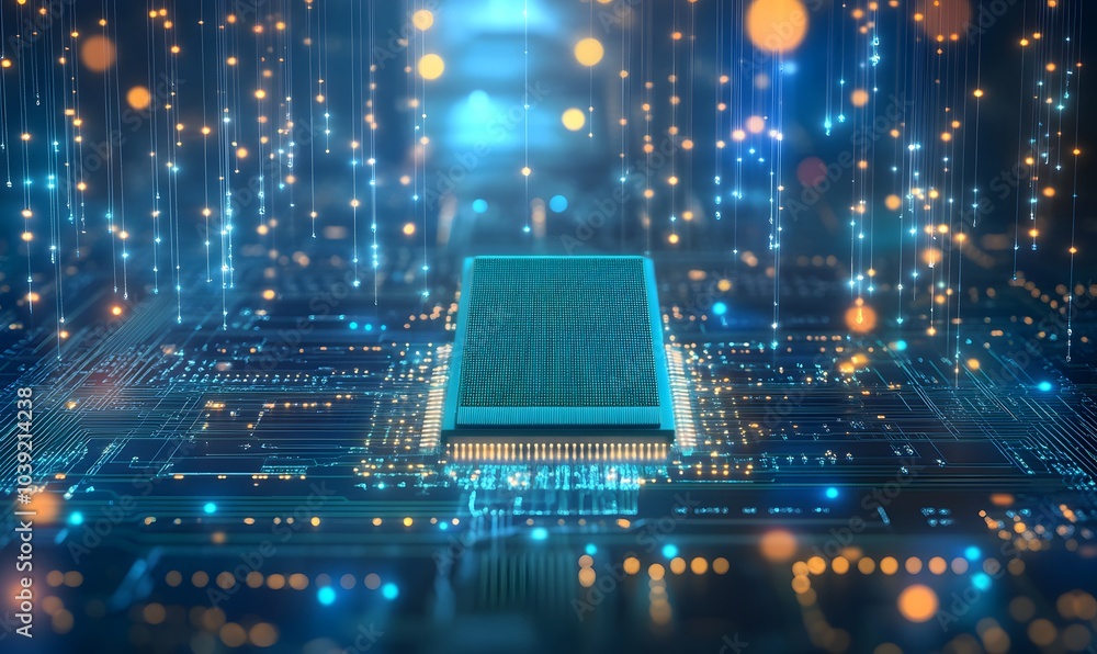 Poster A futuristic circuit board with a central processor emitting dazzling lights, representing advanced technology and digital innovation.