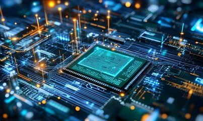 A vibrant close-up of a microchip on a circuit board, illuminated with glowing lights, showcasing advanced technology and intricate design.