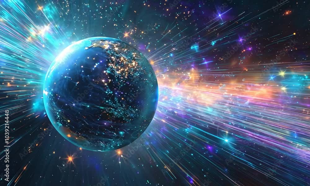 Wall mural a glowing earth with light streaks radiating out in space with stars in the background.