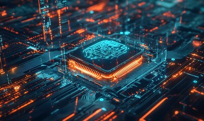 A futuristic depiction of a microprocessor with glowing circuits and vibrant colors, representing advanced technology and digital innovation.