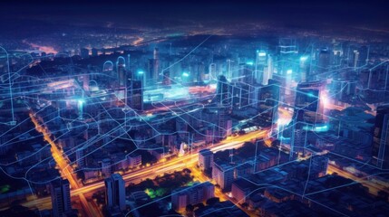 Fototapeta premium Cityscape with Digital Network Overlay