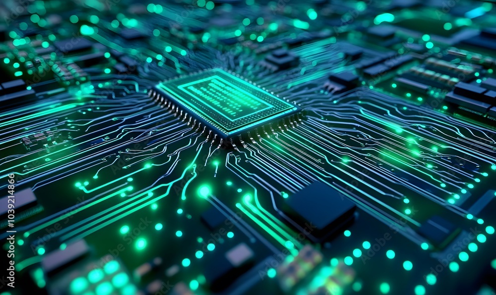 Poster a close-up view of a circuit board featuring intricate pathways and glowing components in vibrant gr