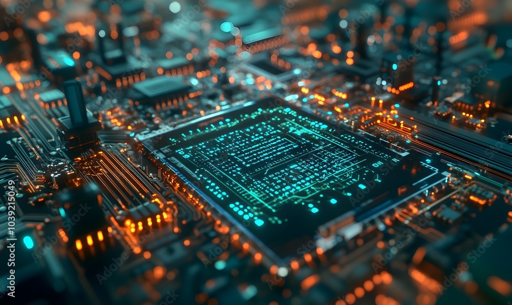 Poster a vibrant close-up of a circuit board with glowing blue and orange elements, showcasing intricate el