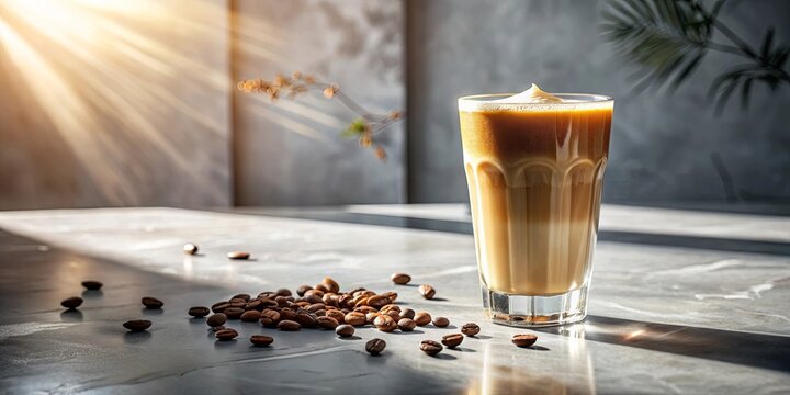 A refreshing latte with a creamy foam layer in a glass, set against a backdrop of scattered coffee beans and warm sunlight streaming through a window