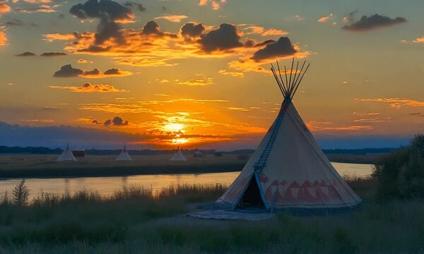 Sunset over a serene landscape with teepees by a river.
