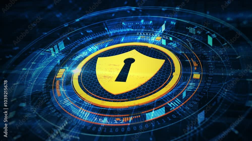 Poster futuristic cybersecurity shield icon with a keyhole, displayed on a blue hexagonal grid. ideal for i
