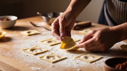 ravioli being filled and pressed from fresh dough.