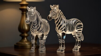 Obraz premium Two clear glass zebra figurines on a table with a lamp in the background.