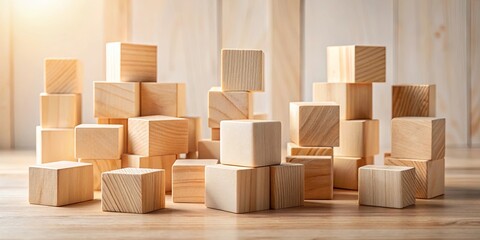 Wooden Cubes Arranged on a Tabletop, Creating a Simple yet Playful Composition with a Focus on Texture and Light