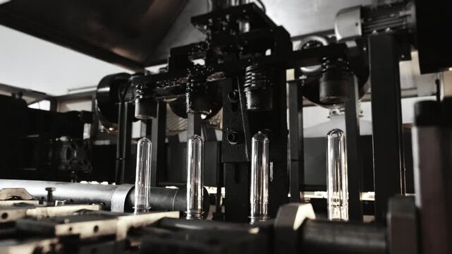 Automatic PET bottle blow molding machine forming plastic bottles in factory.